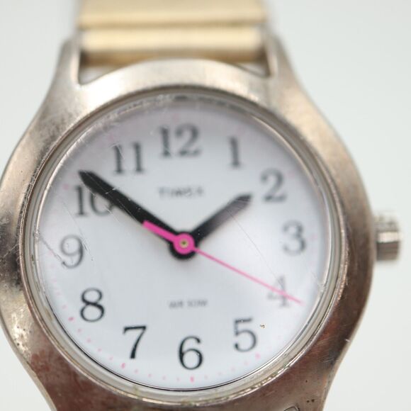 Timex Womens Watch Silver Tone 25mm White Dial Gold Stretch Band w New Battery - Picture 10 of 14